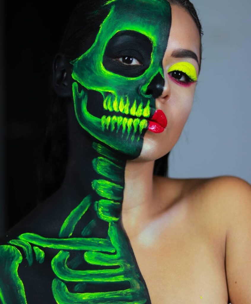 Green Neon Half Skull Halloween Makeup Art