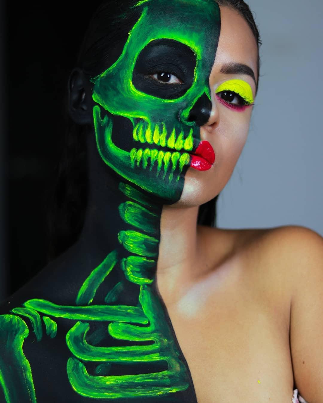 Green Neon Half Skull Halloween Makeup Art